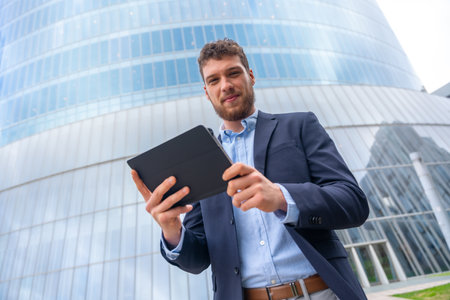 Portrait male businessman or entrepreneur outside the office, using a tablet in a glass buildingの写真素材