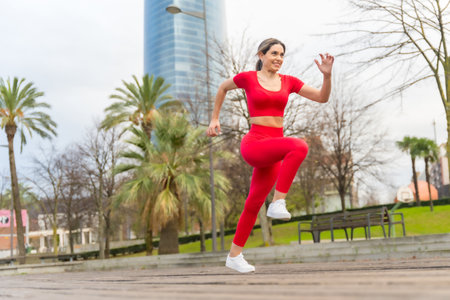 Fit woman in red clothes running fast in the city, fitness, sportの写真素材