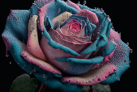 Head of blue and pink rose covered in raindrops. ai generated artの写真素材