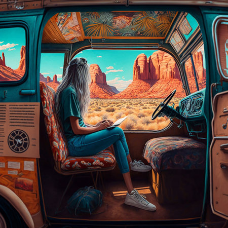 Woman relaxing in van on vacation. Ai generated artの写真素材