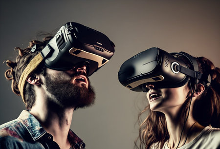 Couple exploring virtual reality in studio. Ai generated art