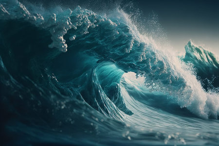 Foamy waves rolling up in ocean. Ai generated art