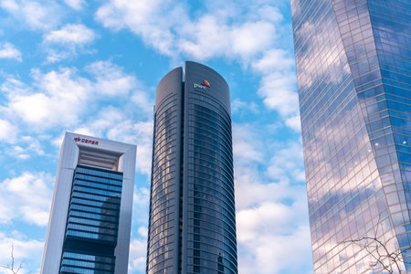 Financial area of Madrid with glass buildings called Cuatro Torres Business Area. Spain, seen from...