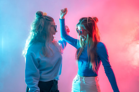 Two young blonde caucasian women dancing in nightclub, dancing having fun, red and blue led smokeの写真素材