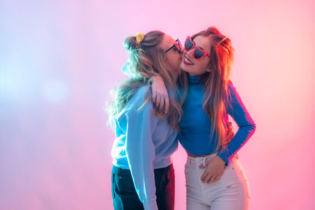 Two young blonde caucasian women dancing in disco, portrait smiling and hugging and kissingの写真素材