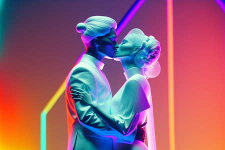 Glamorous futuristic couple kissing on colorful futuristic. ai generated art