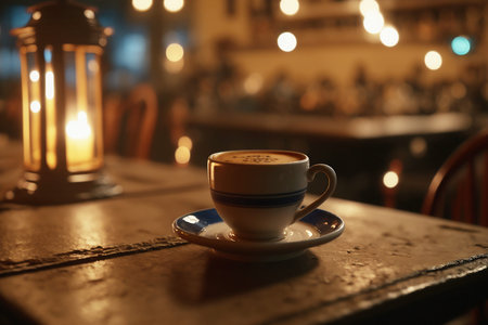 Cup of coffee on a table in a bar decorated with wood. ai generated art
