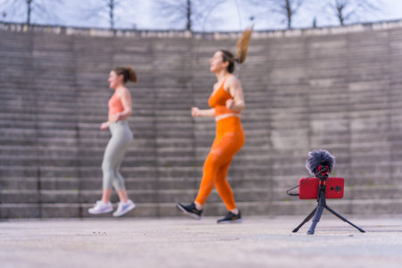 Two young fitness girls in a city park, recording the class with the phone for the followers of social networksの写真素材