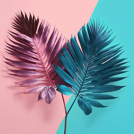Leaves of palm tree isolated on a double pink blue background. Ai generated artの写真素材