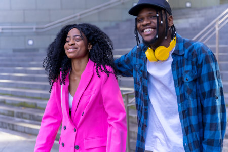 Young african american women in the city, lifestyle of friends, embraced walking having fun