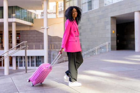 African american young woman in the city, portrait of a young woman in pink jacket walking with a suitcaseの写真素材