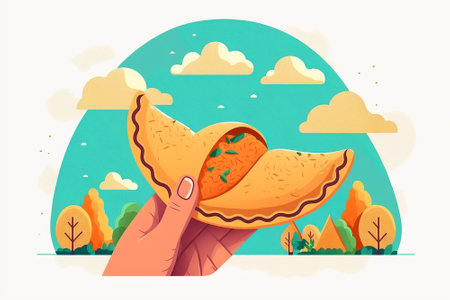 Hand holds empanada. Latin American food empanadas in plate. Ai generated artの写真素材