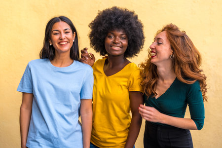 Portrait of beautiful multiethnic female friends smiling on a yellow wallの写真素材
