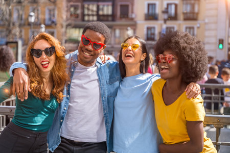Happy multiethnic friends wearing heart sunglasses on the city street at sunset, laughing together outdoorsの写真素材
