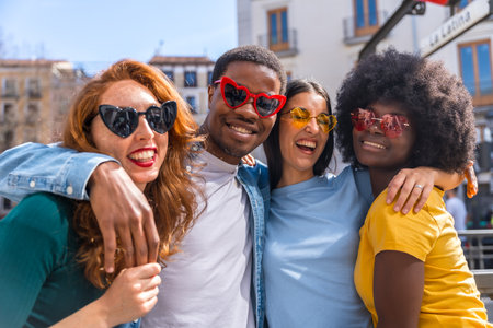 Portrait of happy multiethnic friends wearing sunglasses on the city street, laughing together outdoorsの写真素材