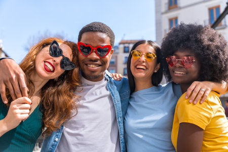 Portrait of happy multiethnic friends wearing heart sunglasses on the city street, laughing together outdoorsの写真素材