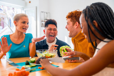 Portrait of a group of friends preparing vegetarian food. Preparing the salad and having fun around the houseの写真素材