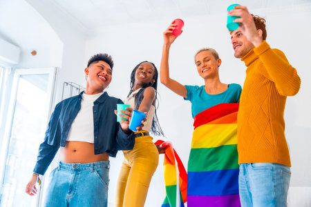 LGBT pride, lgbt rainbow flag, group of friends dancing and toasting with glasses in a house at partyの写真素材
