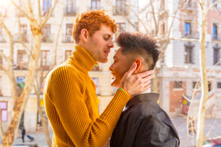 Beautiful gay couple being romantic at home on the sofa, home balcony kissing each other on the forehead, lgbt conceptの写真素材