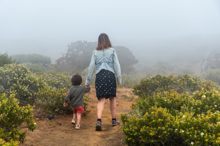 Mother and son walking next to a Sabinar tree twisted by the wind in El Hierro. Canary Islandsの写真素材