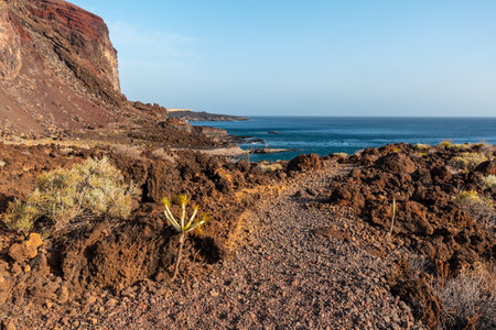 Volcanic path on the beach of Tacoron in El Hierro to go down to the recreational area, Canary Islandsの写真素材