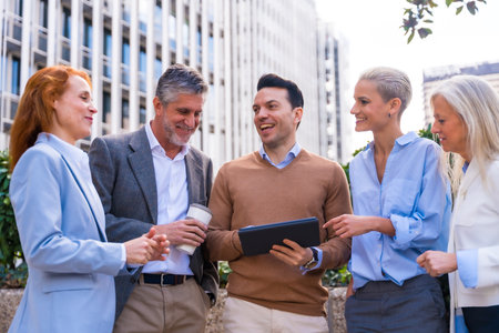 Chatting and seeing work stuff on a tablet. Group executives or businessmen and businesswomen in a business areaの写真素材
