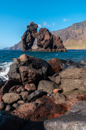 The Roque de la Bonanza in the bay of Las Playas on the island of El Hierro, Canary Islands, Spain. Created after the eruptive activity of the TiÃ±or volcanoの写真素材