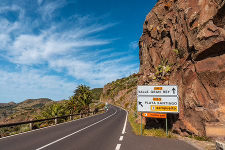 Mountain road at Degollada de Peraza viewpoint in La Gomera, Canary Islandsの写真素材