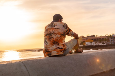 Tourist man at sunset enjoying vacations on the beach of Valle Gran Rey village in La Gomera, Canary Islands. Sitting looking at the seaの写真素材