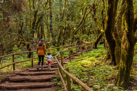 Mother and son climbing some stairs along a path in the Garajonay natural park on La Gomera, Canary Islandsの写真素材