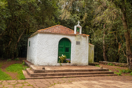Hermitage of Lourdes next to the Cedro stream in the evergreen cloud forest of Garajonay National Park, La Gomera, Canary Islands, Spain.の写真素材