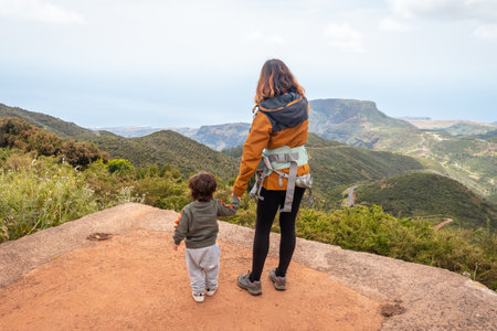 Looking at the views from the top of Garajonay on La Gomera, Canary Islandsの写真素材