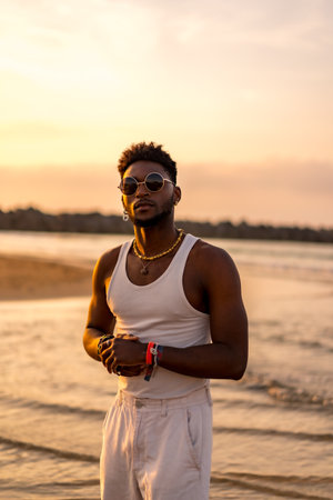 Portrait of black ethnicity model enjoying summer vacation by the sea wearing sunglassesの写真素材