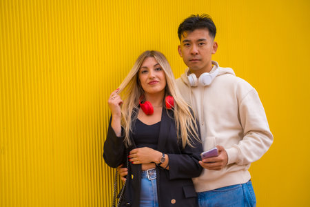 Portrait of multi-ethnic couple of Asian man and Caucasian woman on a yellow background, smiling on university campusの写真素材