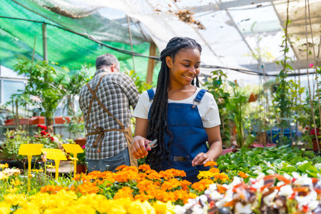 Happy black ethnic woman flower and plant nursery worker cutting plants in greenhouseの写真素材