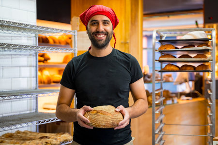 Corporate portrait of smiling bakery manager in the artisan bakery workshop, with a bread in his handsの写真素材