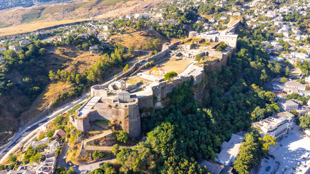 Aerial view of the old castle and fortress of Gjirokaster or Gjirokastra, Albania.