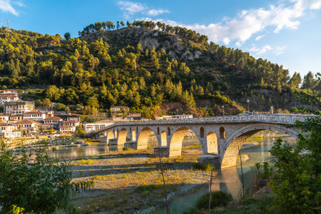 The Gorica Bridge in the historic city of Berat in Albania and its river, UNESCO World Heritage...