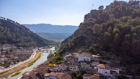 Aerial drone view of the city of Berat and its castle and fortress in Albania, the city of a...