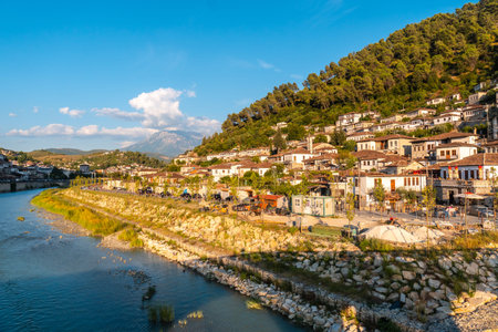 The historic city of Berat in Albania and its river, UNESCO World Heritage Site, the city of a...