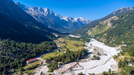 Aerial view of Valbona valley and its pretty lodges, Theth national park, Albanian Alps, Albania.の写真素材