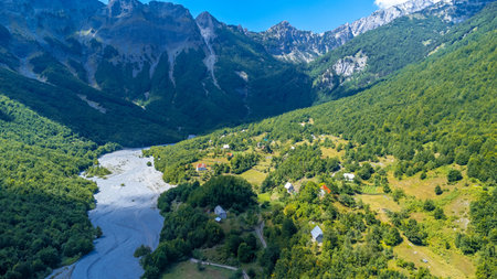 Aerial drone view of Valbona valley, Theth national park, Albanian Alps, Albania.の写真素材