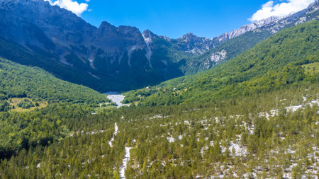 Aerial drone view of Valbona valley, Theth national park, Albanian Alps, Albania.の写真素材