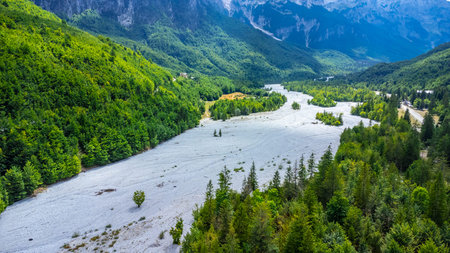Panoramic aerial drone view of Valbona valley, Theth national park, Albanian Alps, Albania.