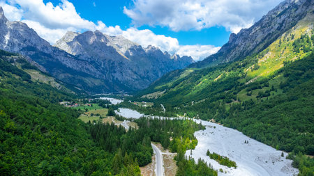 Panoramic aerial drone view of Valbona valley, Theth national park, Albanian Alps, Albania.の写真素材