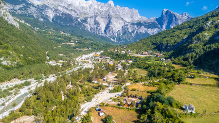 Aerial drone view of the valley of Theth national park, Albania. Albanian Alpsの写真素材