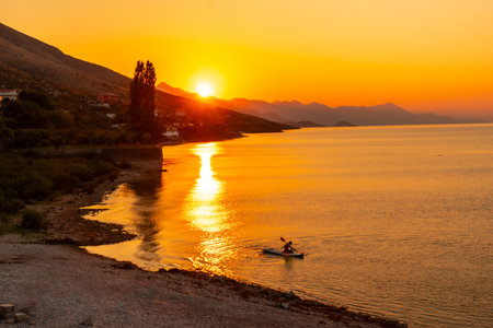 Sunset at Shkoder Lake in Shiroka Municipality, summer vacation. Albaniaの写真素材