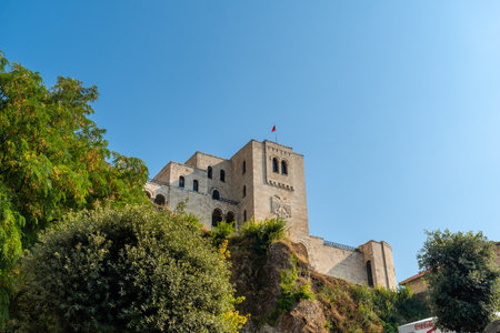 View from below of Kruje Castle and its fortress with the walls. Albaniaの写真素材