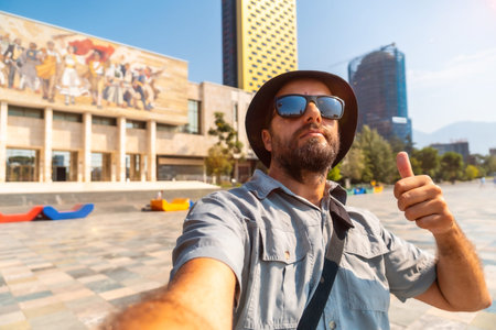 Selfie of a tourist blogger at the entrance to the National Historical Museum in Skanderbeg Square...