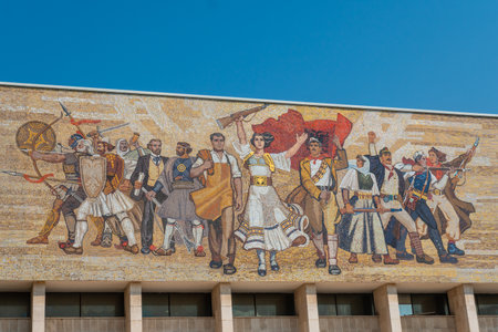 Beautiful painting of the revolution at the entrance to the National Historical Museum in Skanderbeg Square in Tirana. Albaniaの写真素材